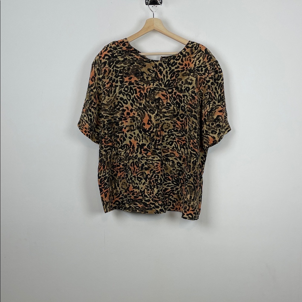NYC Blouse Co Silk Leopard Print Short Sleeve Pulloveer Vintage Women's 18W Top